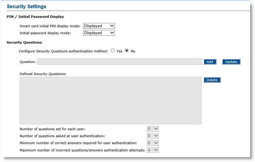 Security Settings section of Configuration tab with PIN / Initial Password Display section and Security Questions section